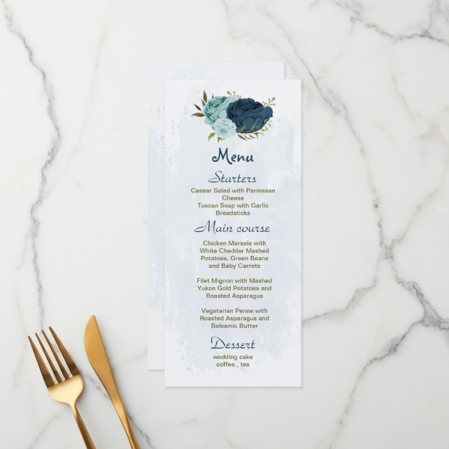light blue navy blue flowers botanical wedding menu (Front/Back In Situ)