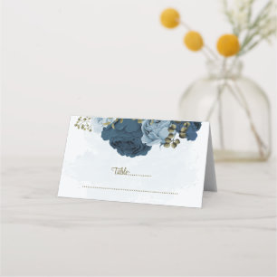 light blue navy blue flowers botanical wedding place card