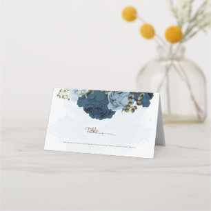 light blue navy blue flowers botanical wedding place card