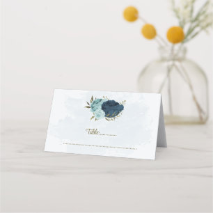 light blue navy blue flowers botanical wedding place card