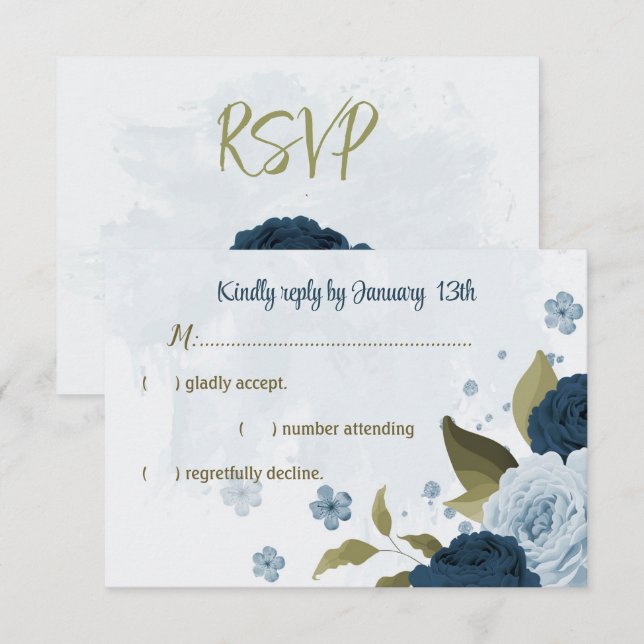 light blue navy blue flowers botanical wedding RSVP card (Front/Back)
