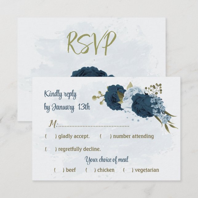 light blue navy blue flowers botanical wedding RSVP card (Front/Back)