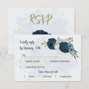 light blue navy blue flowers botanical wedding RSVP card