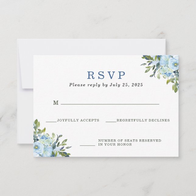 Light Blue Navy Floral Watercolor Wedding RSVP Card (Front)