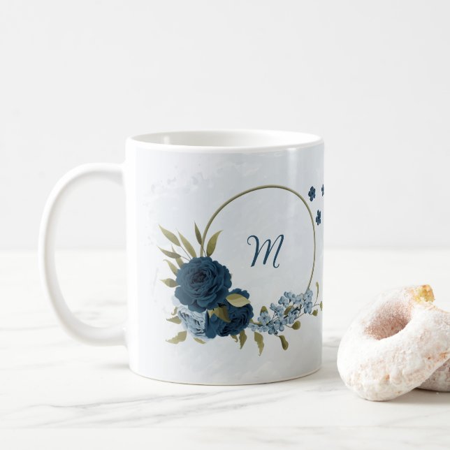 light blue navy flowers  coffee mug (With Donut)