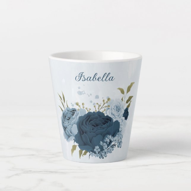 light blue navy flowers  latte mug (Front)