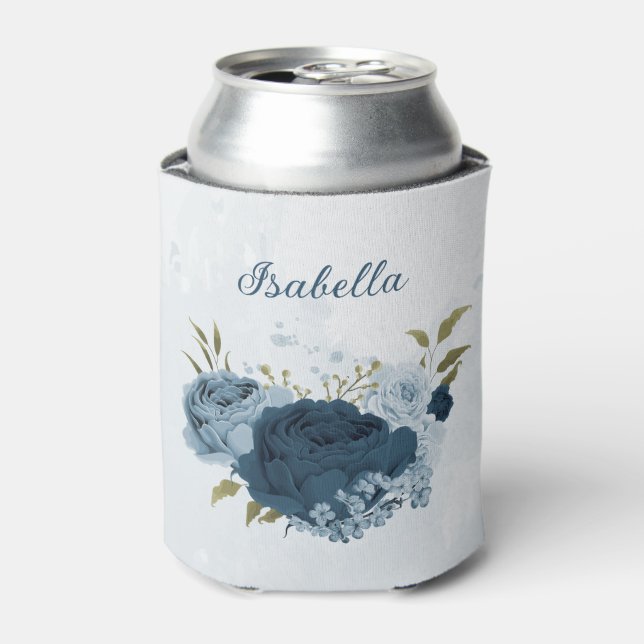 light blue navy flowers wedding  can cooler (Can Front)