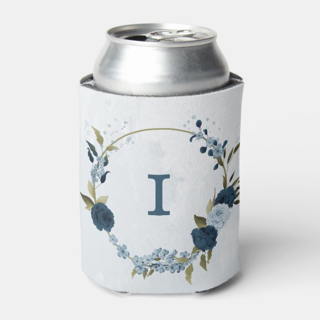 light blue navy flowers wedding  can cooler (Can Front)