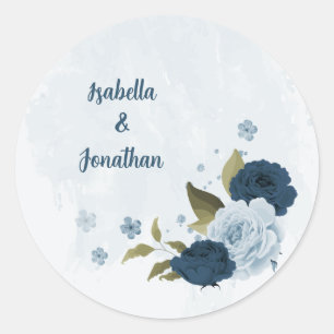 light blue navy flowers wedding classic round sticker
