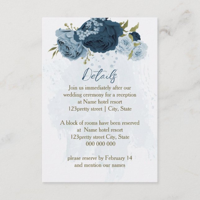 light blue navy flowers wedding details enclosure card (Front)