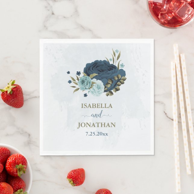light blue navy flowers wedding napkin (Insitu)