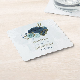 light blue navy flowers wedding paper coaster