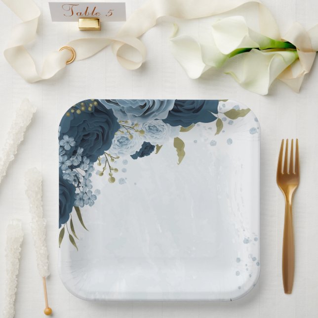 light blue navy flowers wedding paper plate (Wedding)