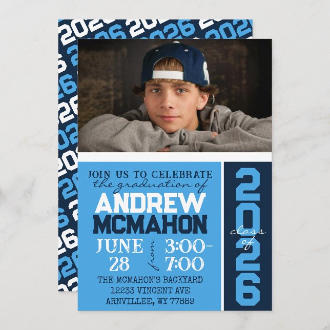 Light Blue & Navy Modern Graduation Photo Invitation (Light Blue & Navy Modern Graduation Photo Invitation)