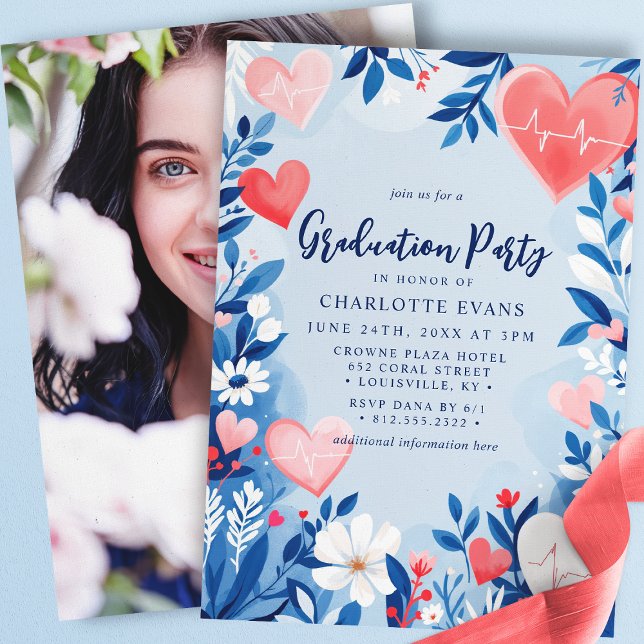 Light Blue Nurse Heart Floral Graduation Photo Invitation (Creator Uploaded)