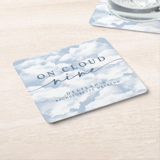 Light Blue "On Cloud Nine" Bachelorette Party Square Paper Coaster (Angled)