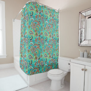 Light Blue Orange Yellow Paisley Pattern Shower Curtain