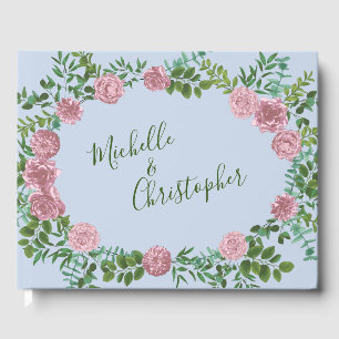 Light Blue & Pale Pink Peony Rose Floral Wedding Guest Book