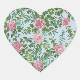 Light Blue & Pale Pink Peony Rose Floral Wedding Heart Sticker