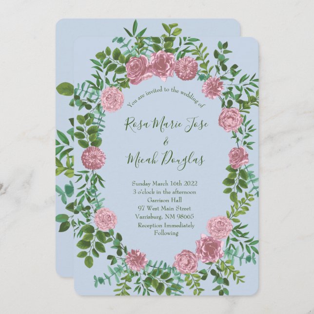 Light Blue & Pale Pink Peony Rose Floral Wedding Invitation (Front/Back)