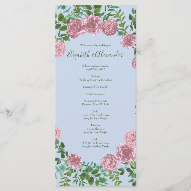 Light Blue & Pale Pink Peony Rose Wedding Program Menu (Front)