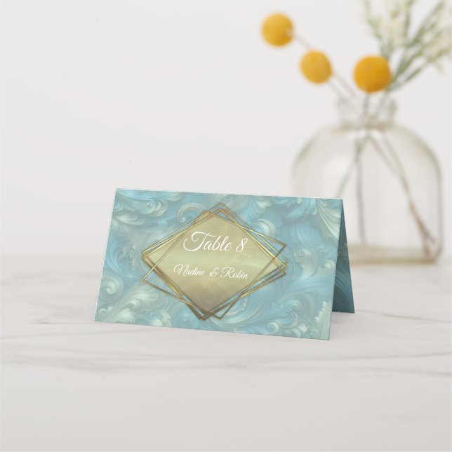 Light Blue-Palette on a Bronze Gold Barogue design Place Card (Front)