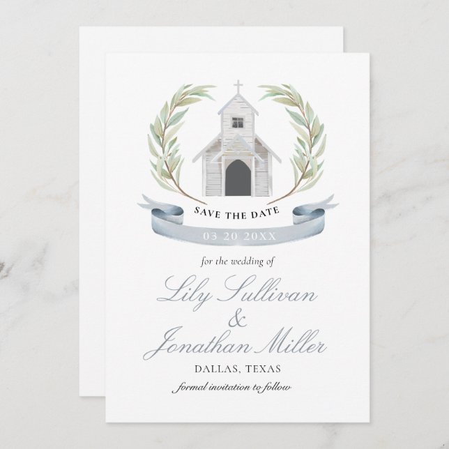 Light Blue Pastel Charming Wedding Church Chapel Save The Date (Front/Back)