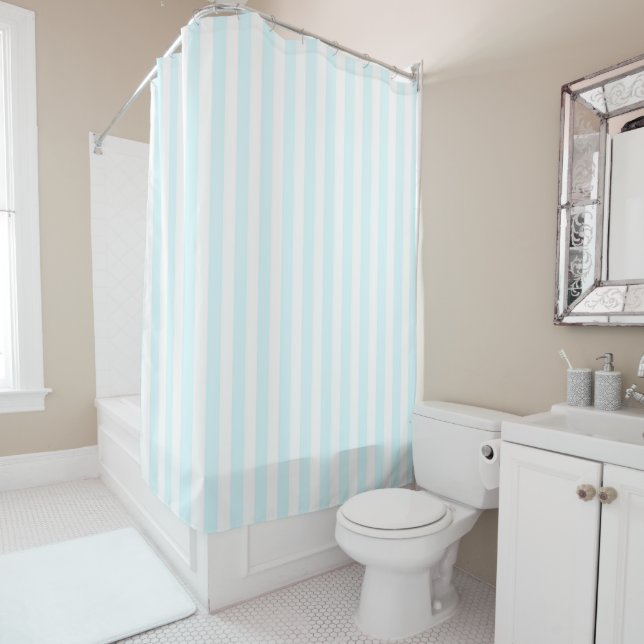 Light Blue Pastel Stripes Pattern Nautical Modern  Shower Curtain (In Situ)