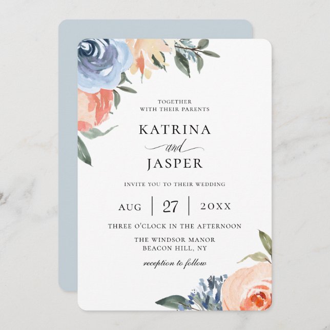 Light Blue Peach Botanical Wedding Invitation (Front/Back)