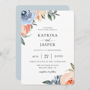 Light Blue Peach Botanical Wedding Invitation