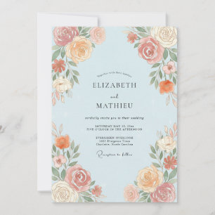 Light Blue Peach Botanical Wedding Invitation