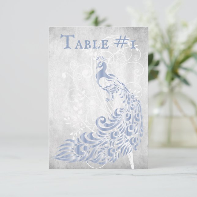 Light Blue Peacock Leaf Vine Table Card (Standing Front)