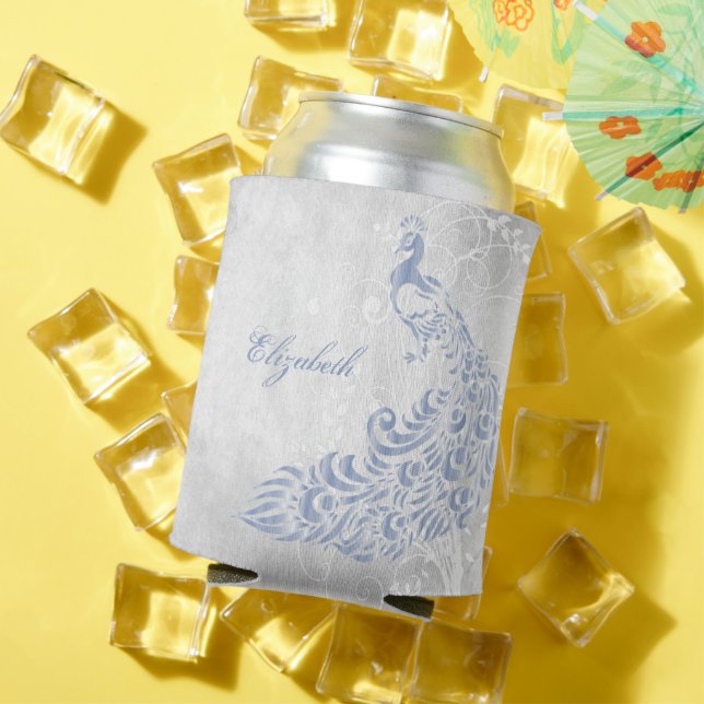 Light Blue Peacock Personalised Can Cooler (In Situ Summer)