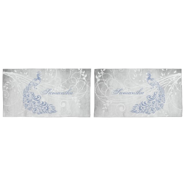 Light Blue Peacock Personalised Pillowcases (Front-Set)