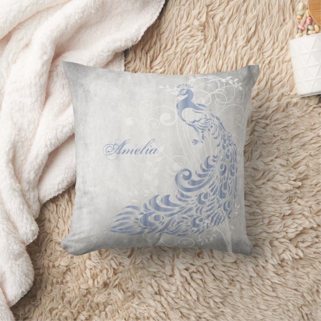 Light Blue Peacock Personalised Throw Pillow (Blanket)