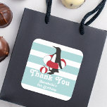 Light Blue Penguin Thank You Kids Birthday Party Square Sticker<br><div class="desc">A penguin is standing with a red and white inner tube and beach ball with a light blue background. This pretty animal cartoon with personalised text makes cute and unique stickers for kids birthday party favours and more!</div>