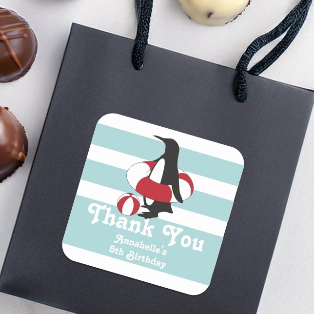 Light Blue Penguin Thank You Kids Birthday Party Square Sticker (Creator Uploaded)