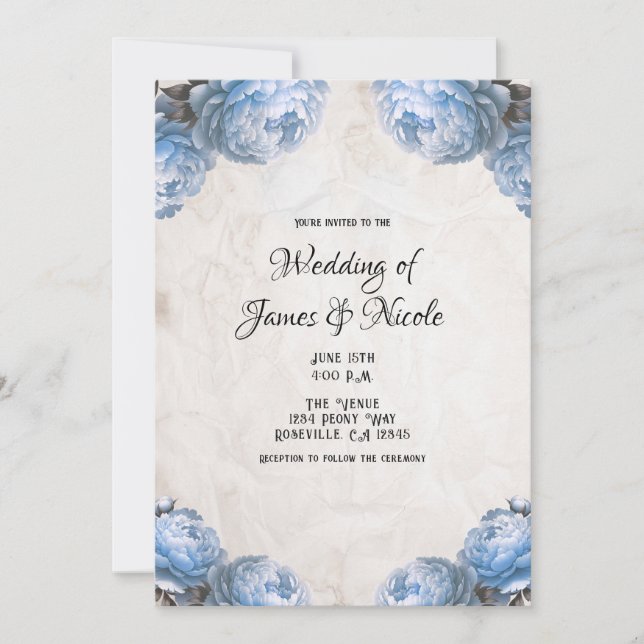 Light Blue Peony Flowers Vintage Rustic Wedding  Invitation (Front)