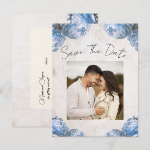 Light Blue Peony Flowers Vintage Save the Date Announcement Postcard