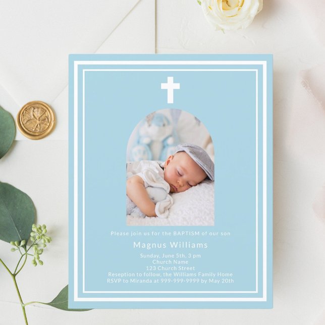 Light blue photo arch boy Baptism invitation (Creator Uploaded)