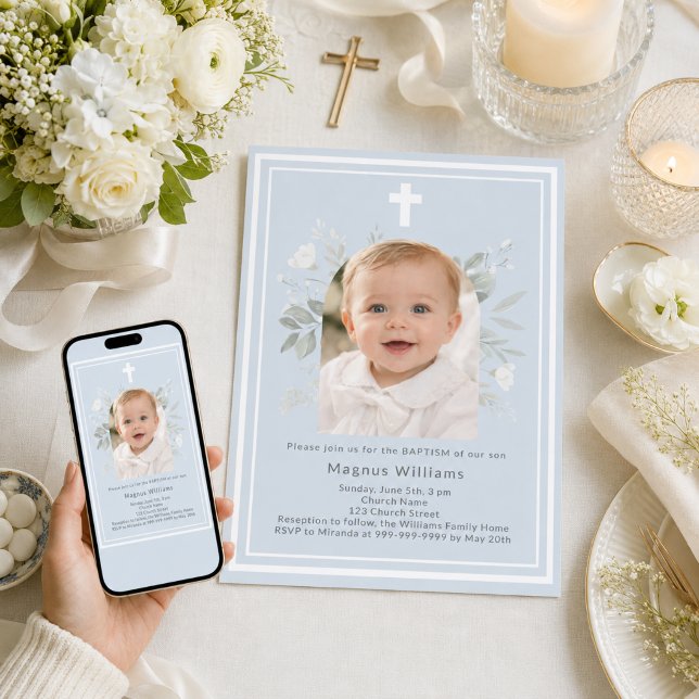 Light blue photo arch boy florals Baptism Invitation (Creator Uploaded)