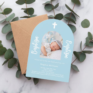 Light blue photo arch script boy Baptism Invitation