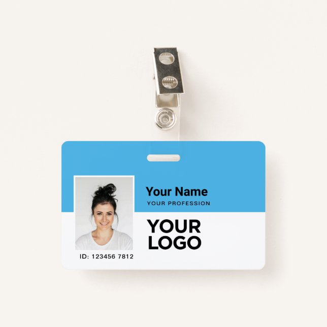 Light blue Photo Bar or Qr Code Logo Name ID Badge (Front with Clip)