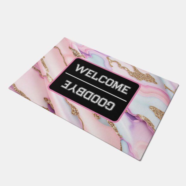 Light Blue Pink Agate Marble Modern Collection Doormat (Angled)