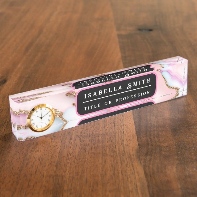 Light Blue Pink Agate Marble Modern Collection Nameplate (Side)