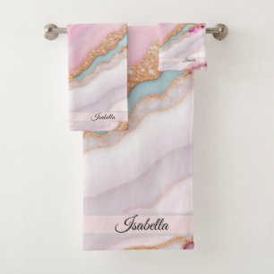 Light Blue Pink Agate Marble Trendy Collection Bath Towel Set