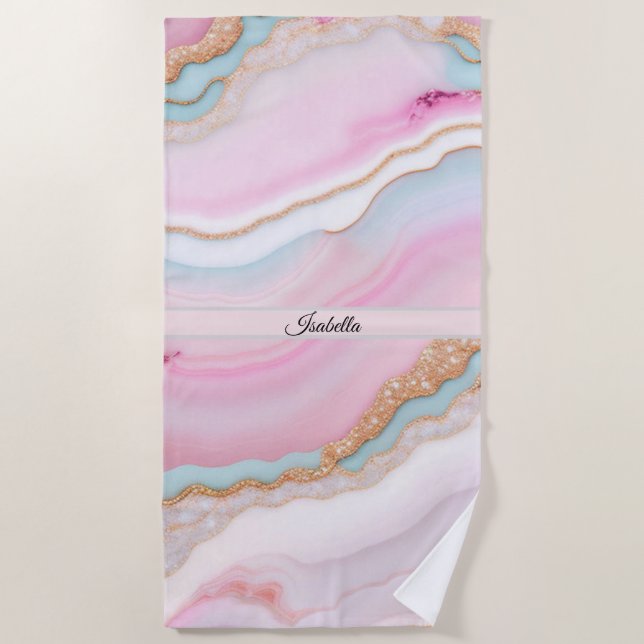 Light Blue Pink Agate Marble Trendy Collection Beach Towel (Front)