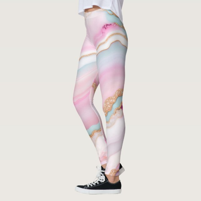 Light Blue Pink Agate Marble Trendy Collection Leggings (Left)