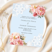 Light blue pink floral lace wedding invitation