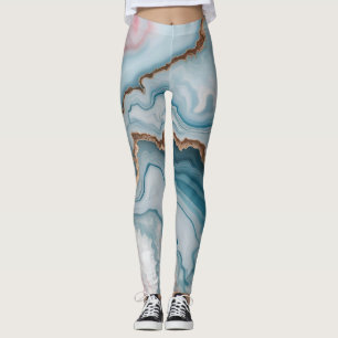 Light Blue Pink Gold Agate Marble Modern design Leggings